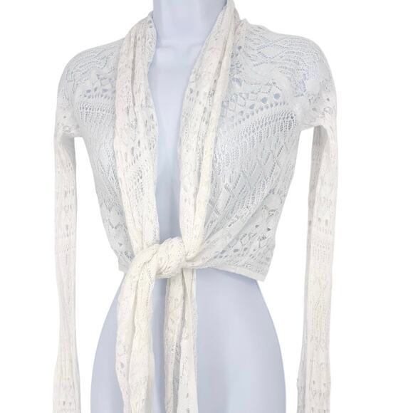 Peruvian Connection White Pima Cotton Crochet Tie Front Cropped Cardigan Size S - Picture 8 of 8